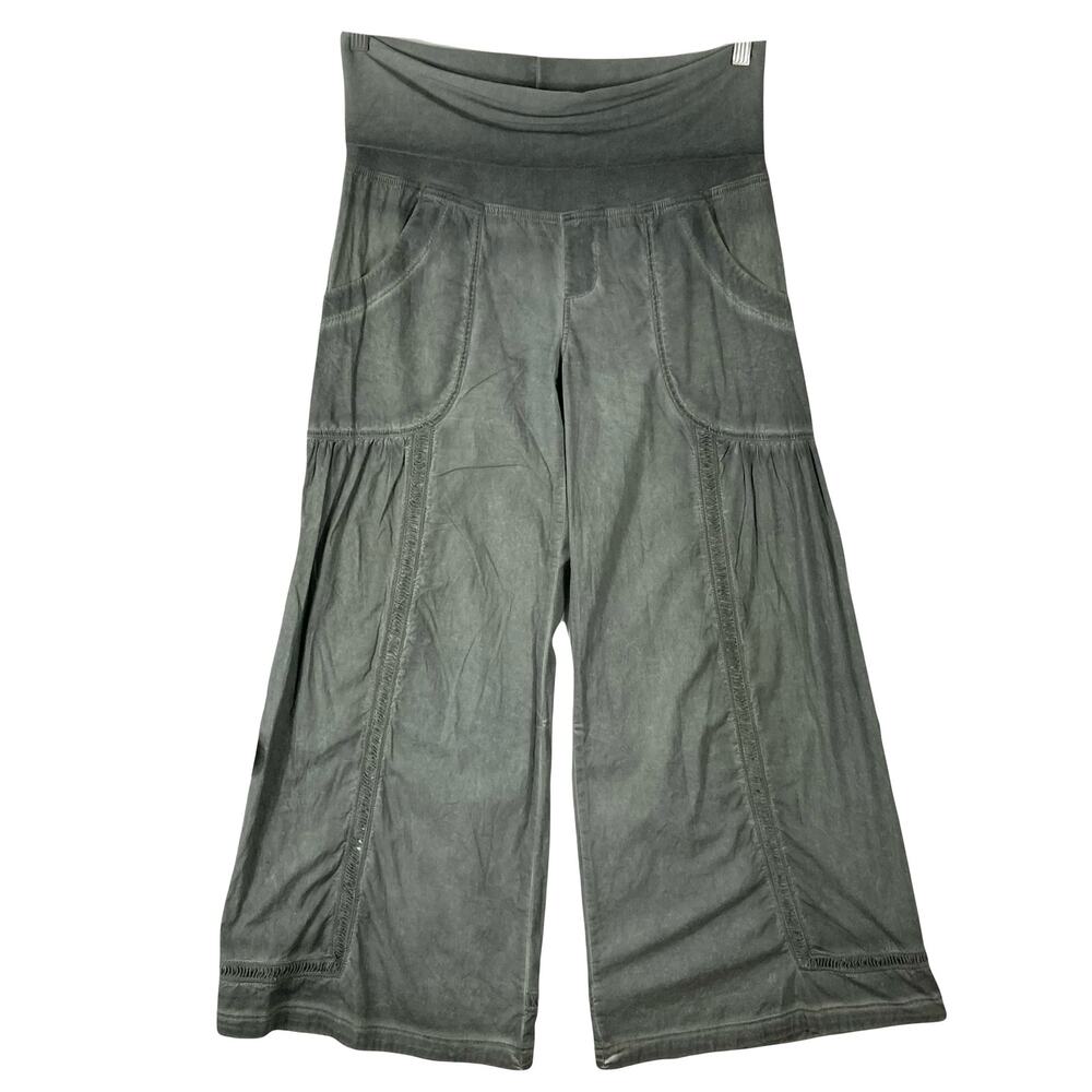 MIND SET BY XCVI Pants M Olive-Green Acid-Wash Wide Flare Crochet Fold-Over